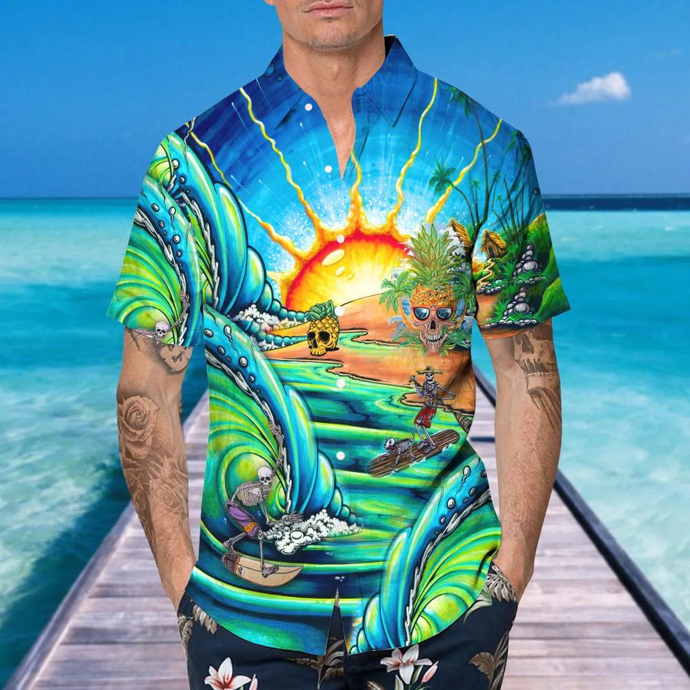 Blue Skull Tidal Wave Hawaiian Shirt
