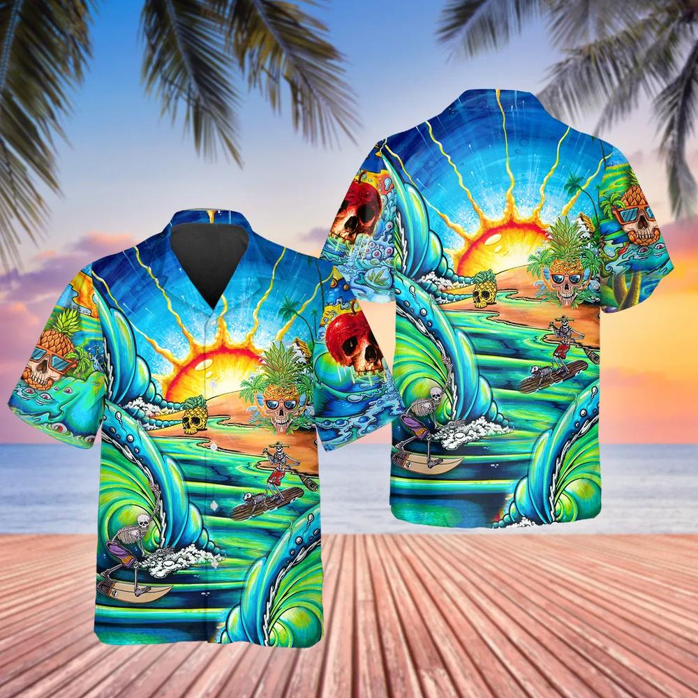 Blue Skull Tidal Wave Hawaiian Shirt