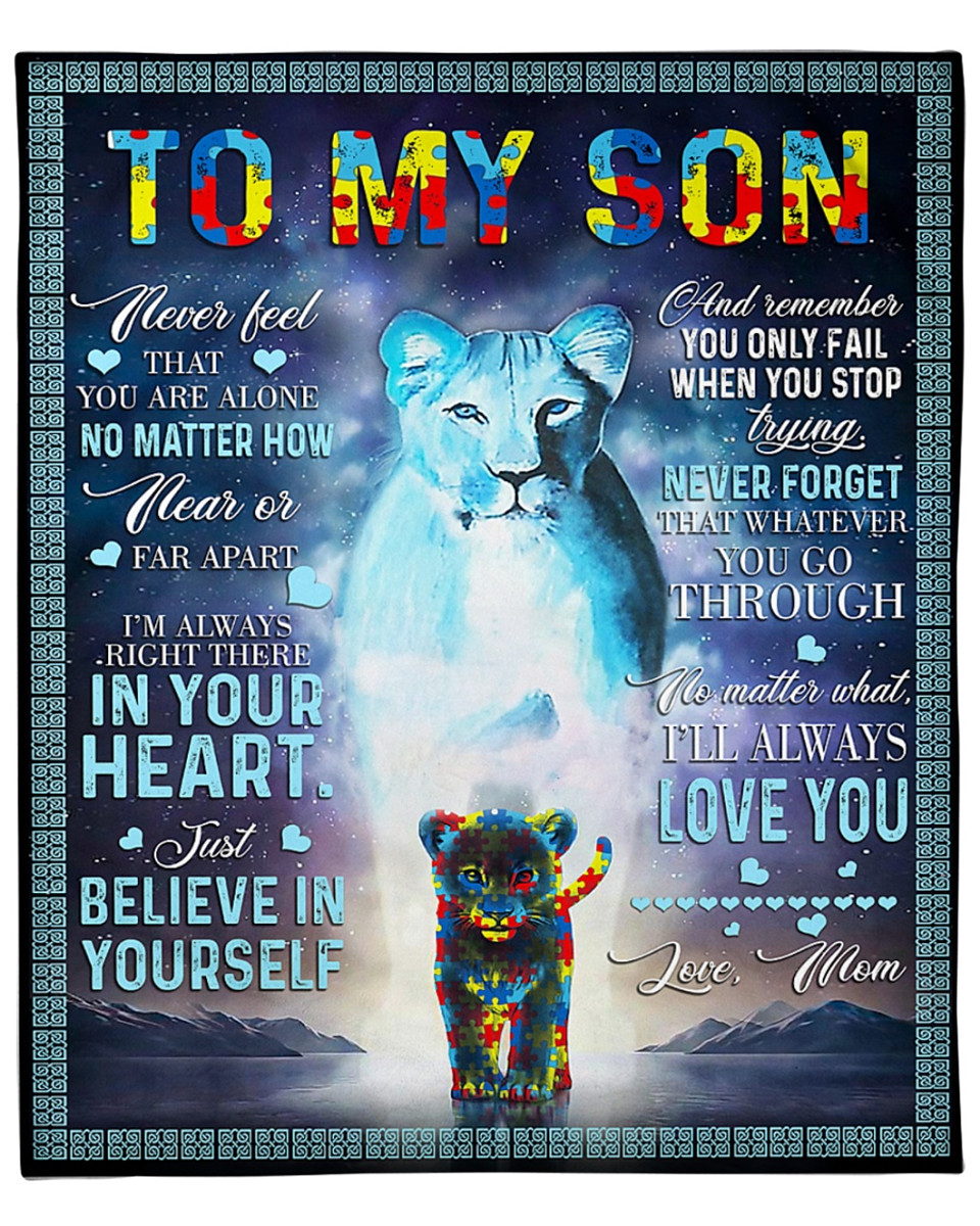 To My Amazing Son Love From Mom Lions Autism Awareness Cozy Premium Fleece Sherpa Woven Blanket