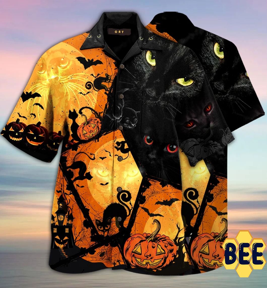 Black Cat And Pumpkin Trending Hawaiian Shirt-1