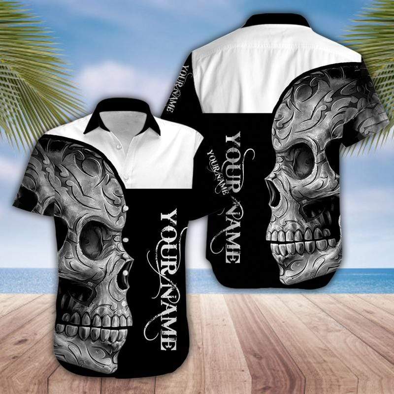 Custom Name Black And White Skull Unisex Hawaiian Aloha Shirt
