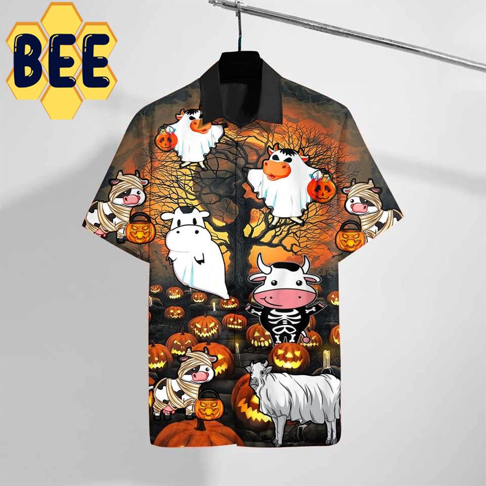 Farmer Cow And Pumpkins Halloween Hawaiian Shirt-1