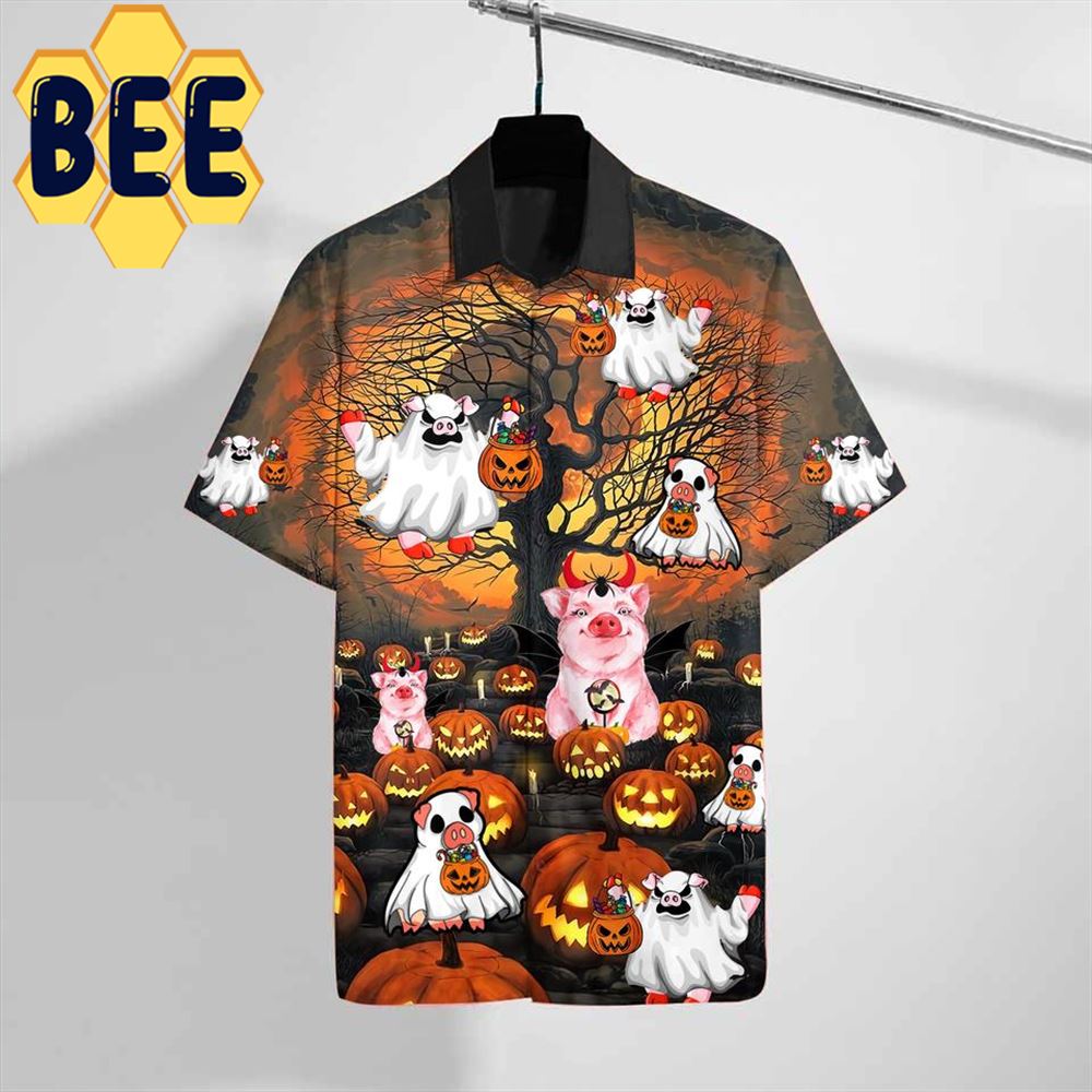Farmer Pig And Pumpkins Halloween Hawaiian Shirt-1