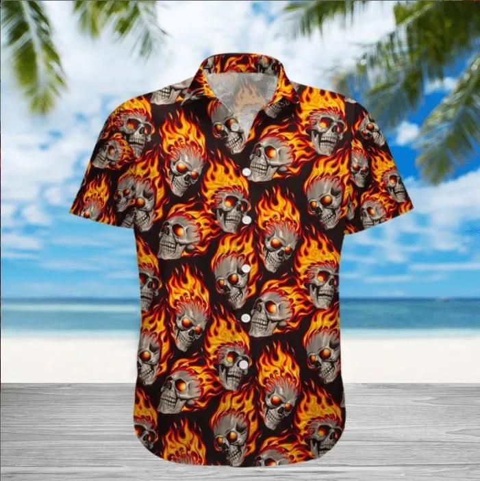 Fire Skull Aloha Hawaiian Shirt Colorful Short Sleeve Summer Beach Casual Shirt