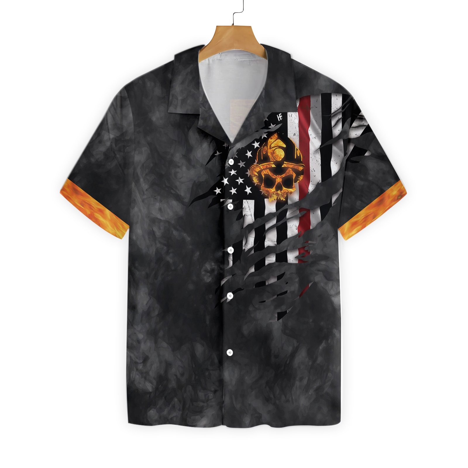 Firefighter Golden Skull And Ripped American Flag Firefighter Hawaiian Shirt