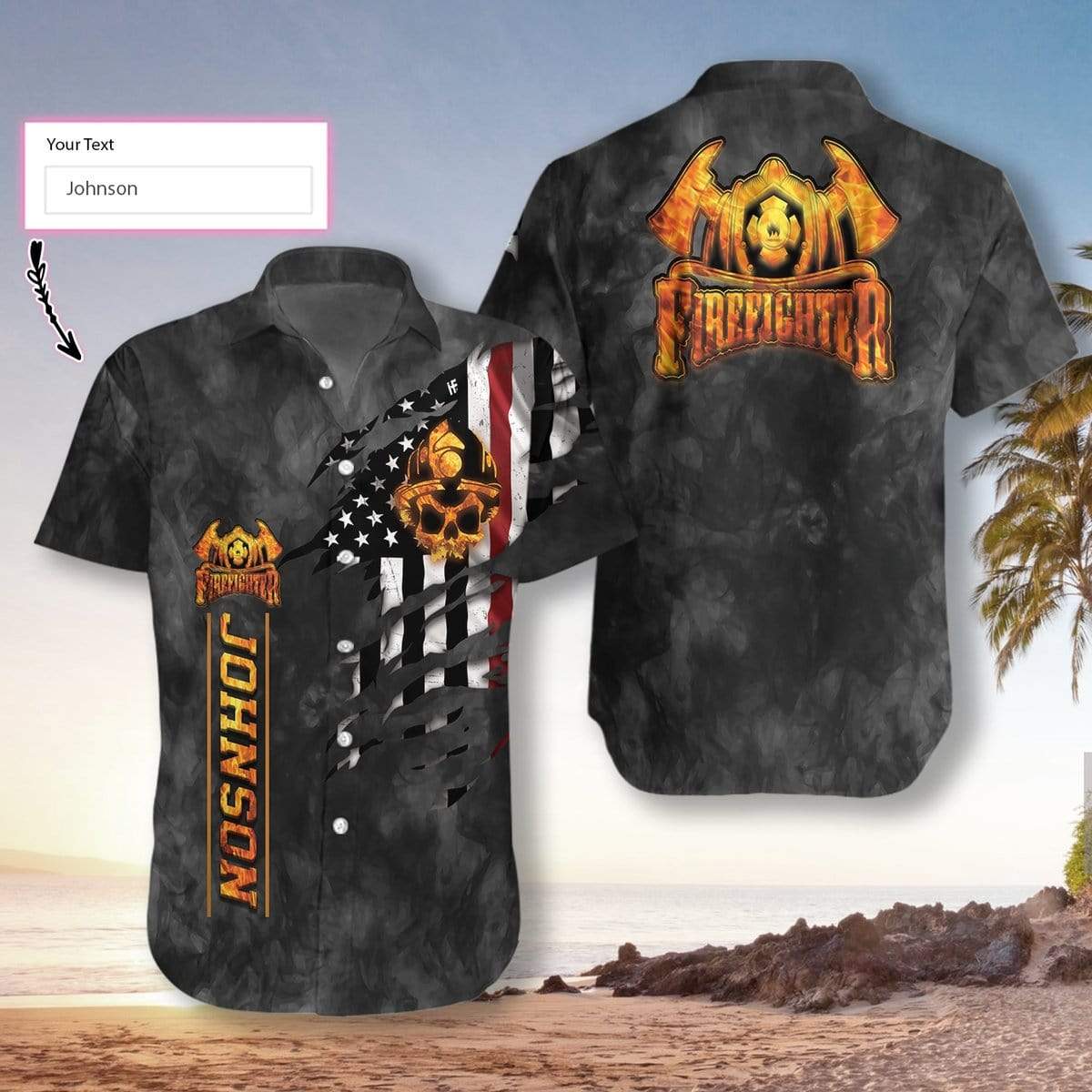 Firefighter Skull Flag Custom Name Unisex Hawaiian Aloha Shirt