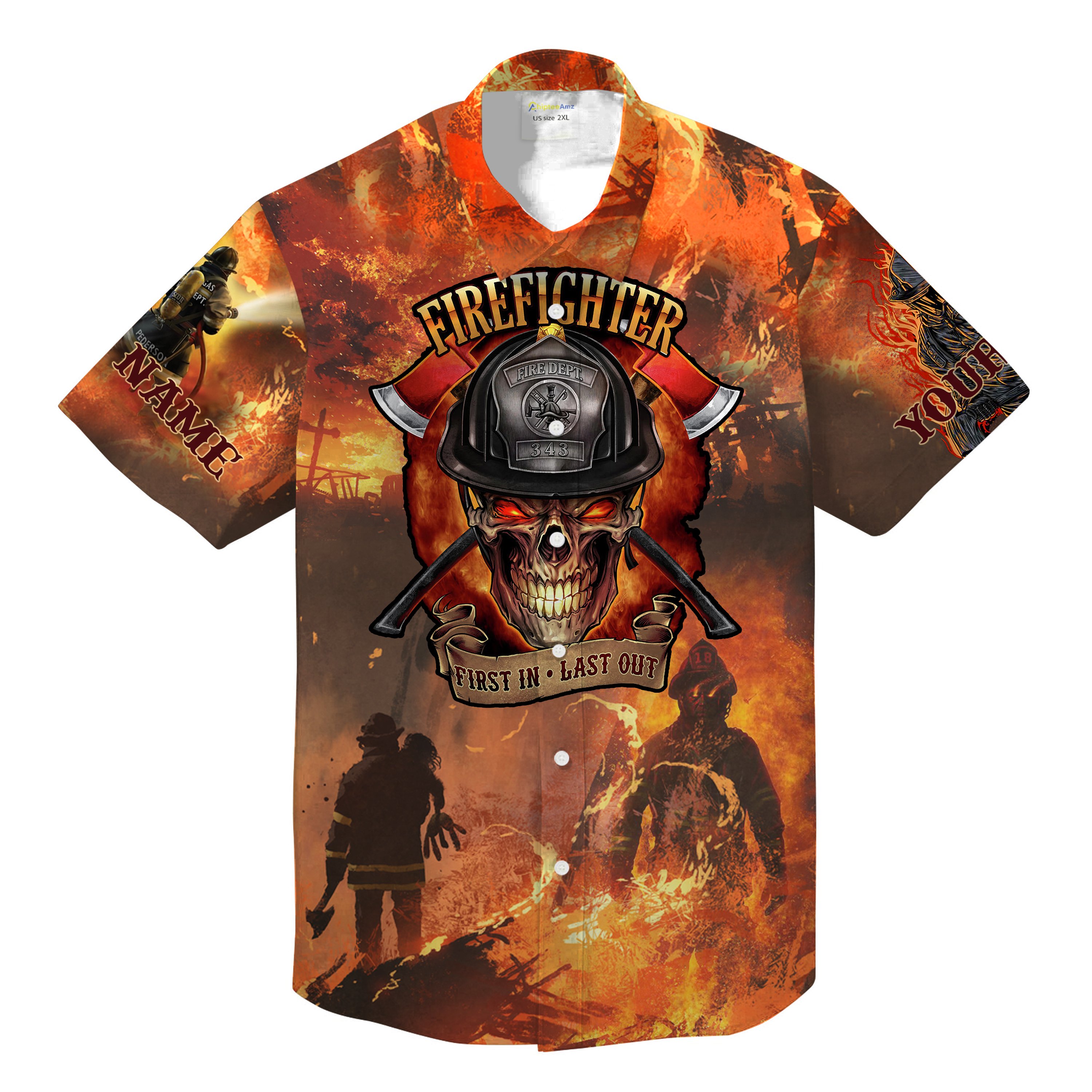 Firefighter Skull Hawaiian Shirt First In Last Out – Personalized Firefighter Gifts