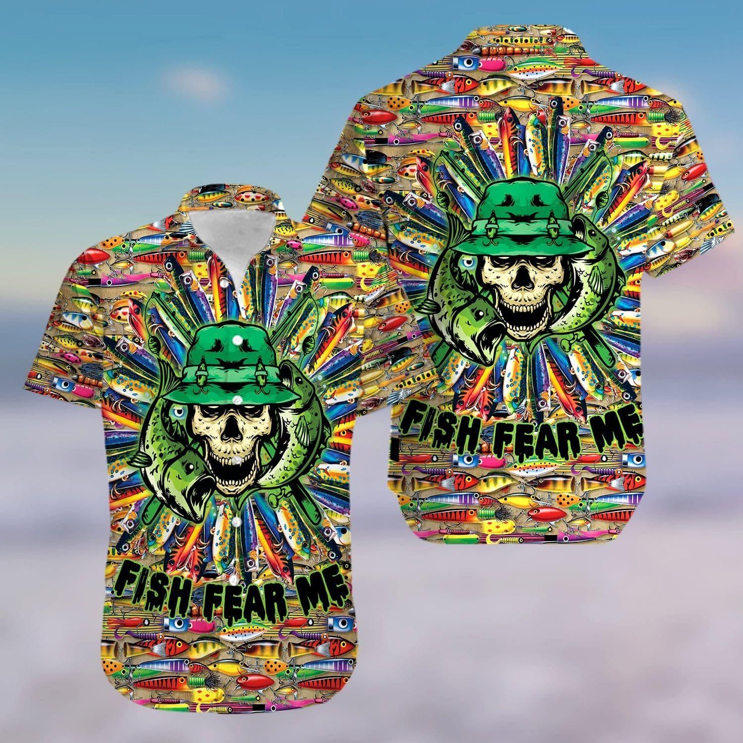 Fishing Skull Fish Fear Me  Hawaiian Shirt Colorful Short Sleeve Summer Beach