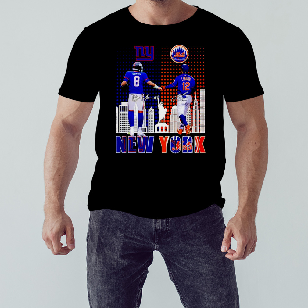 Daniel Jones - New York Giants x Francisco Lindor - New York Mets  Signatures Fan Gifts T-Shirt - Binteez