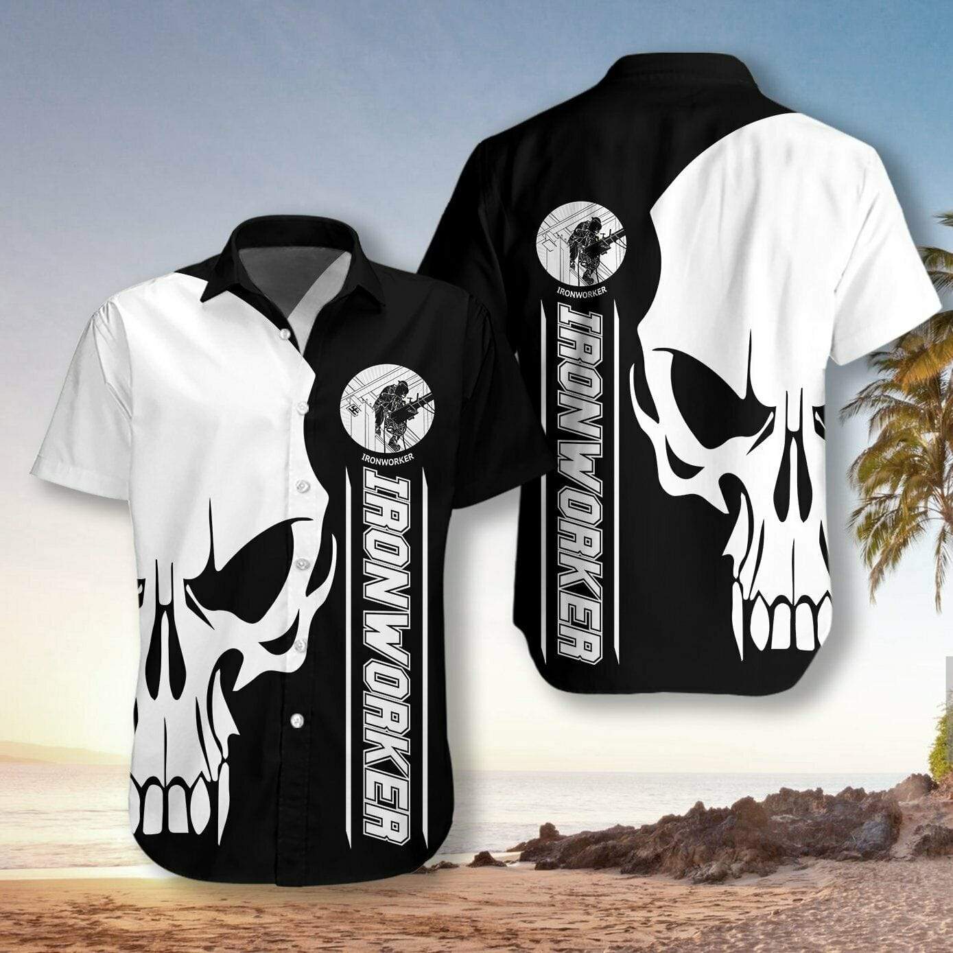Gift For Dad Fathers Day B W Ironworker Skull Unisex Hawaiian Shirt