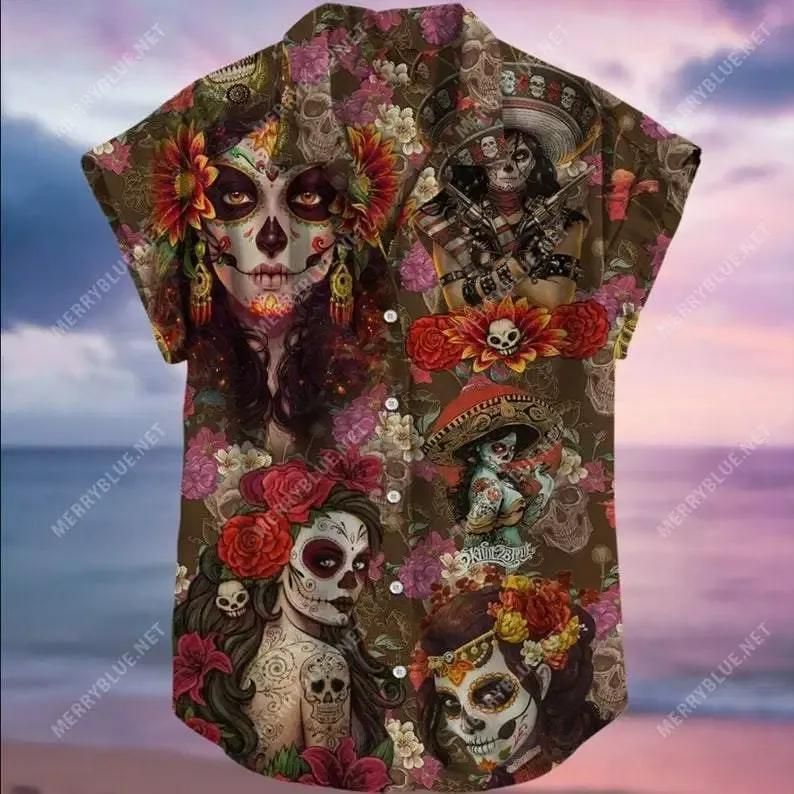 Girly Skull Tattoos Day Of The Dead Sugar Skull Aloha Hawaiian Shirt C