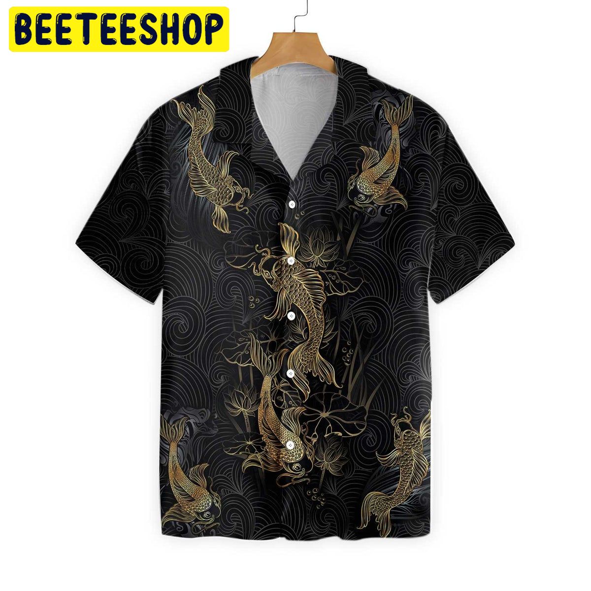 Golden Koi Fish On Waves Trending Hawaiian Shirt-1