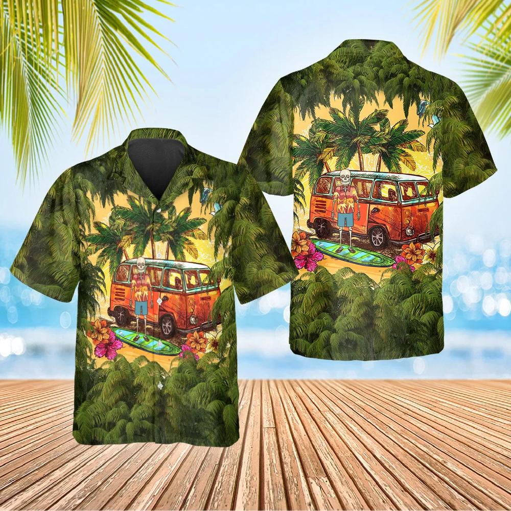 Green Beach And Skull Camper Hawaiian Shirt