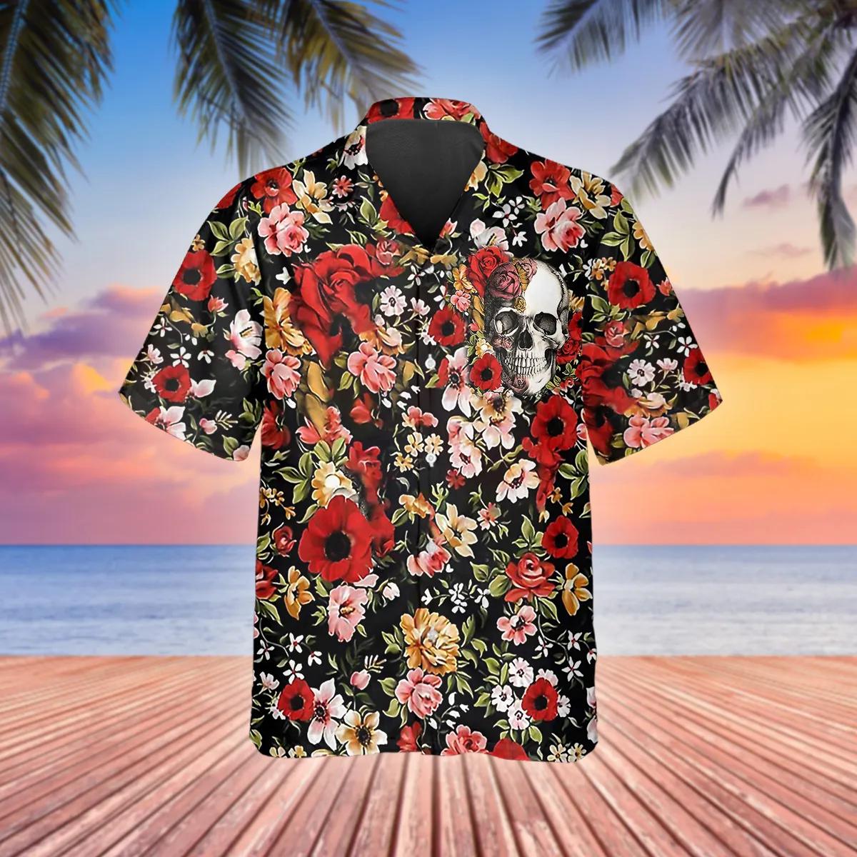 Happy Summer Flowers Grinning Skull Hawaiian Shirt