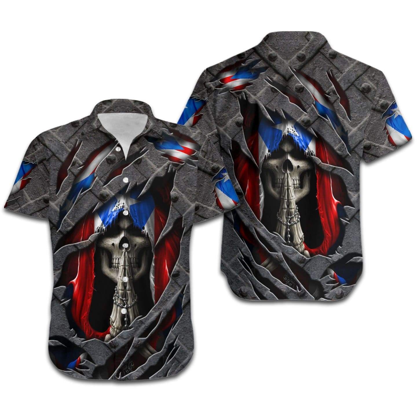Hawaiian Aloha Shirts Skull Puerto Rico Flag Cracked Metal-1