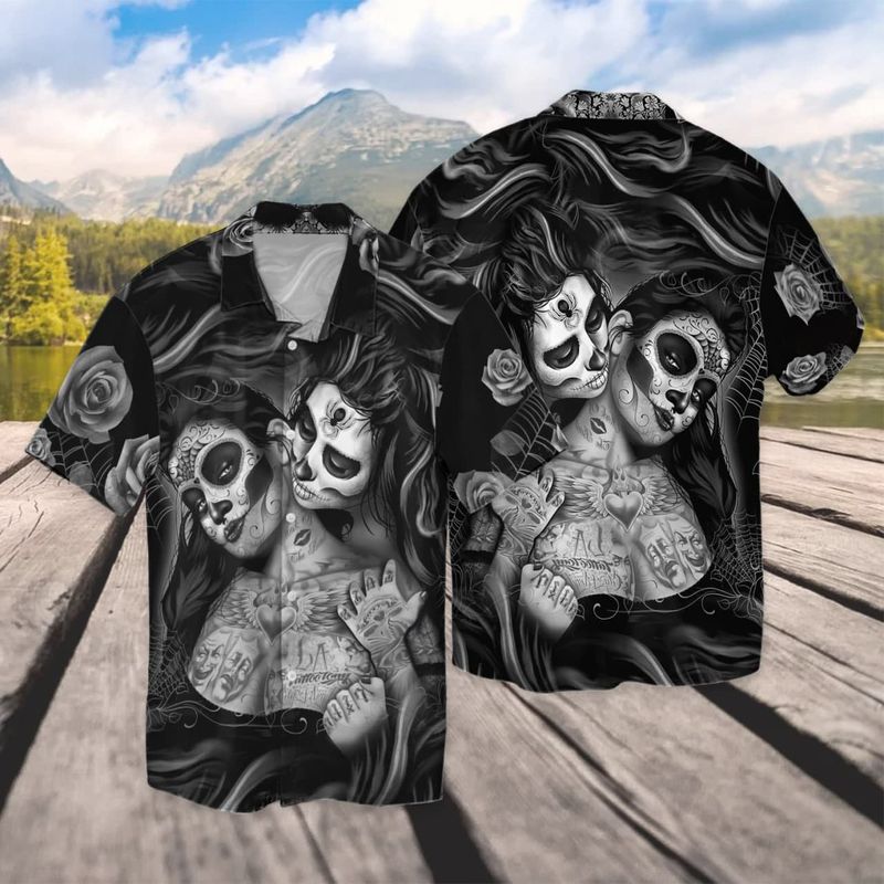 Lesbian Skull Couple Lgbtq+ Pride Romance 3d Full Print Hawaiian Shirt