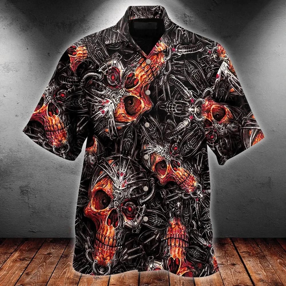 Mechanic Skull With Fire Aloha Hawaiian Shirt Colorful Short Sleeve Summer Beach