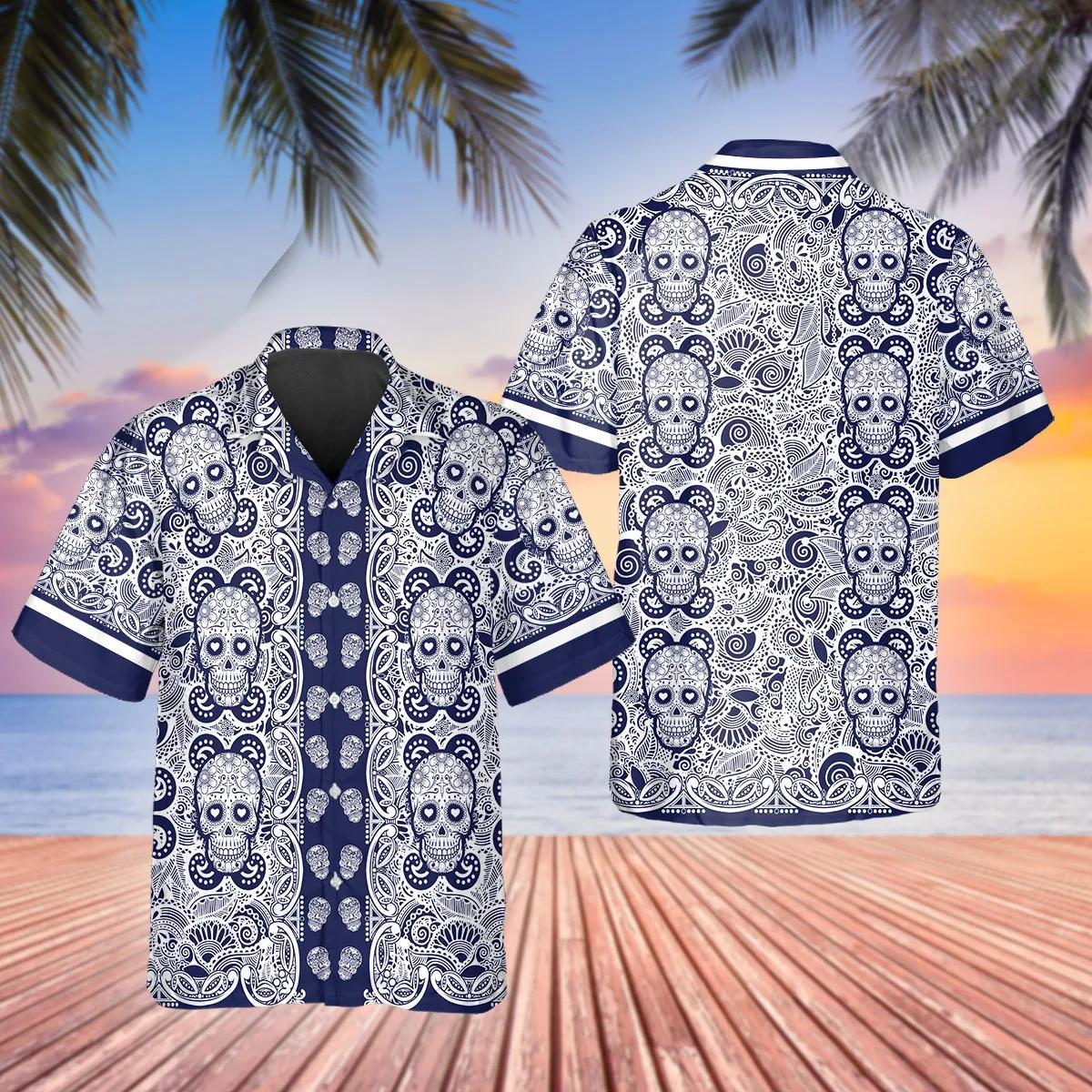 Navy Pattern Color Skull Hawaiian Shirt