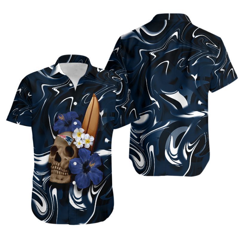 New England Patriots Skull And Hibiscus Flower Hawaiian Shirt For Fans-1
