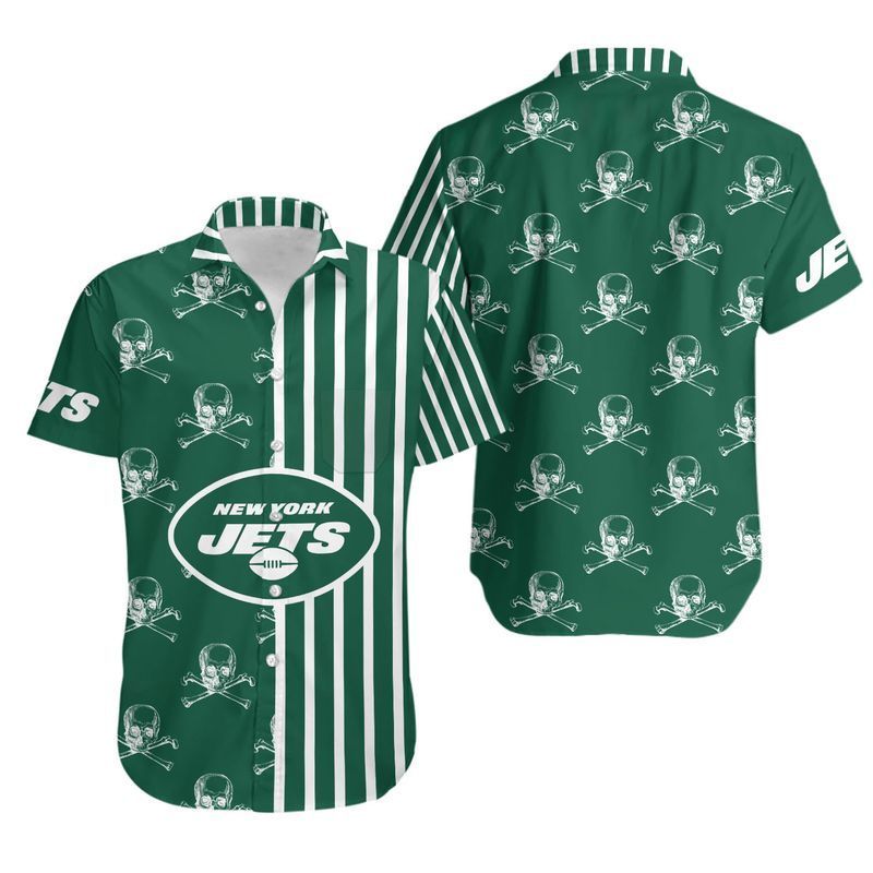New York Jets Stripes And Skull Hawaiian Shirt For Fans-1