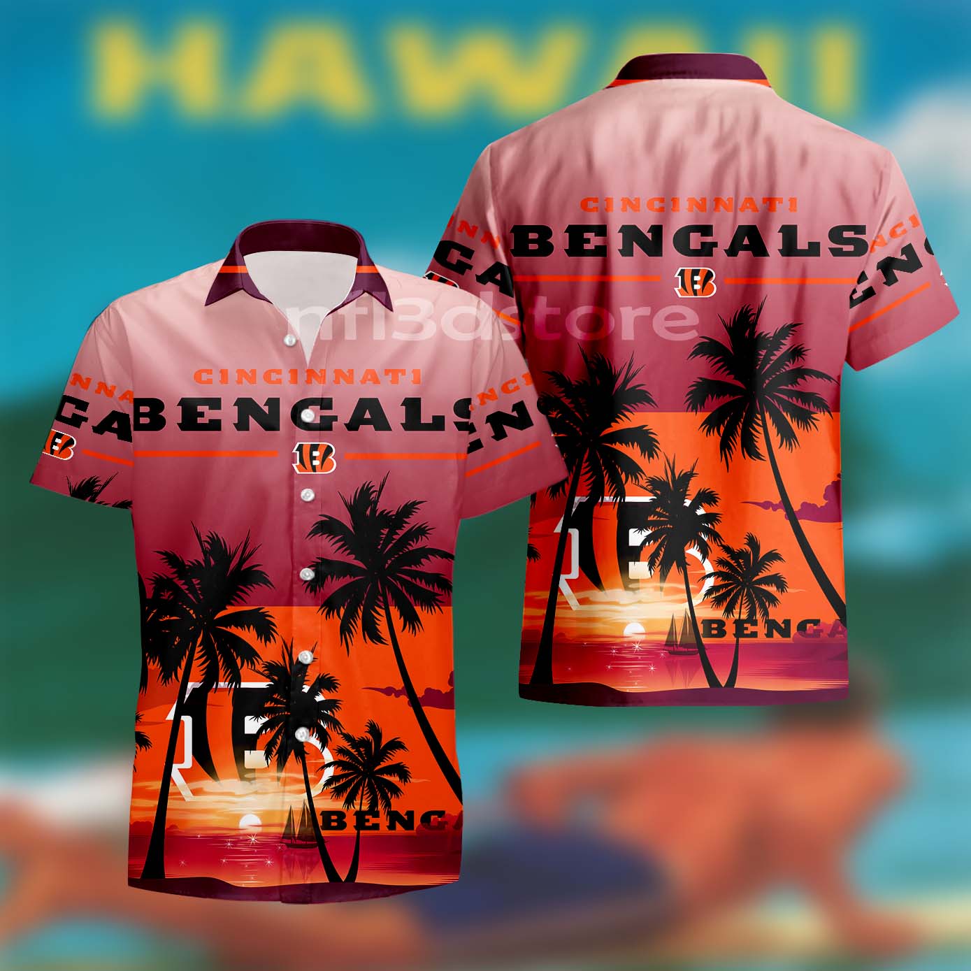 Nfl Cincinnati Bengals Pink Sunset Hawaiian Shirt Custom For Fans-1