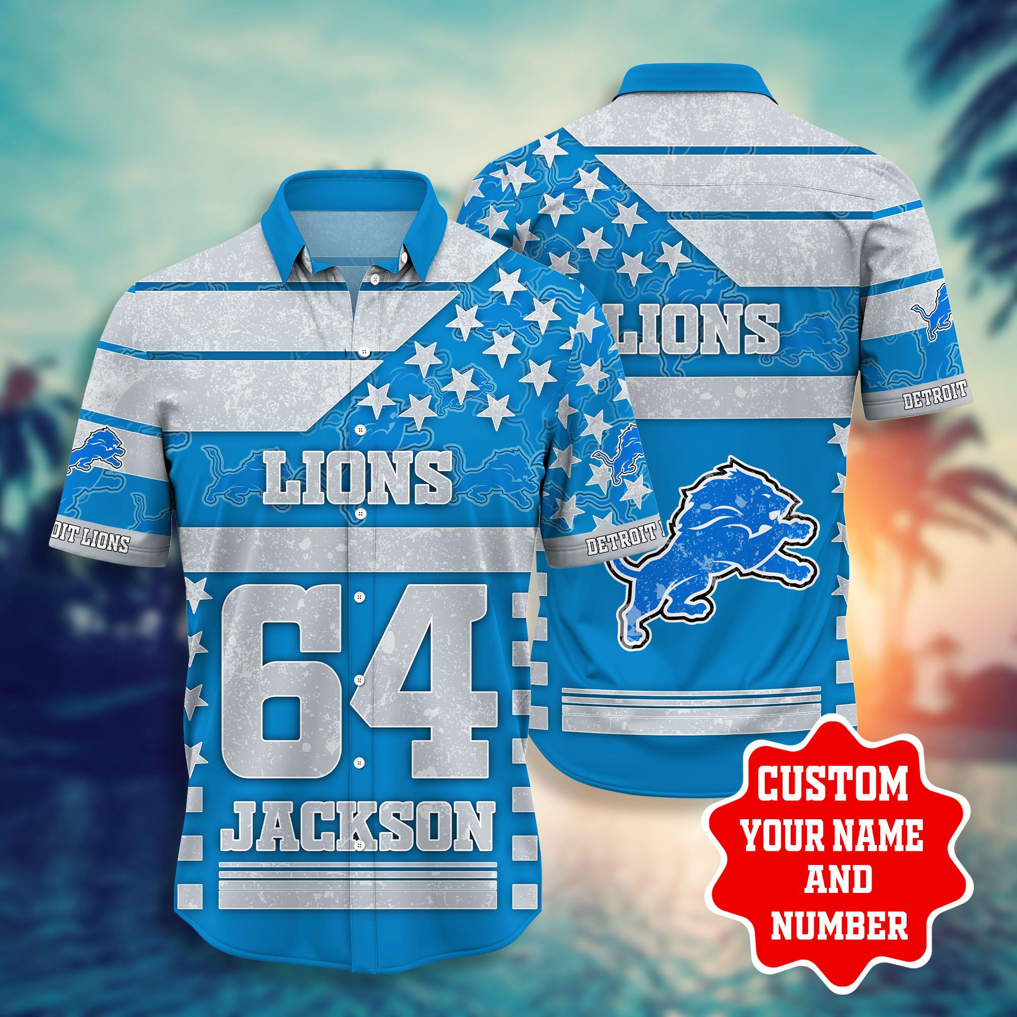Nfl Hawaiian Shirt Detroit Lions Shorts Tshirt Star Custom Name Number-1