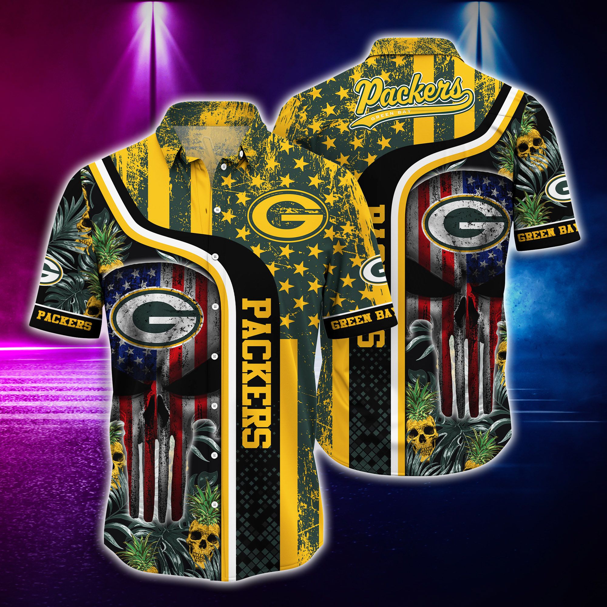 Nfl Hawaiian Shirt Green Bay Packers And Tshirt Skull-1