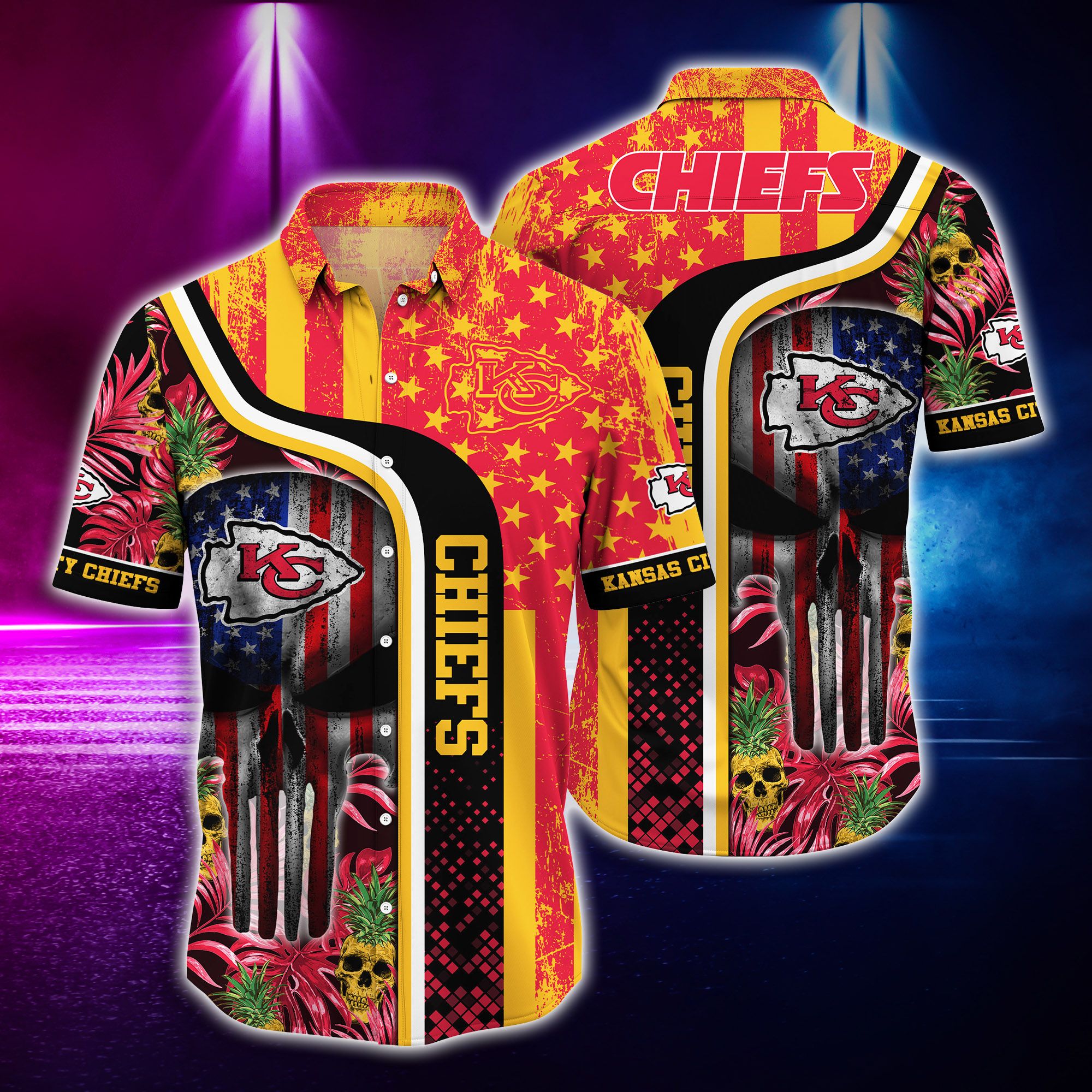 Nfl Hawaiian Shirt Kansas City Chiefs And Tshirt Skull Tropical-1