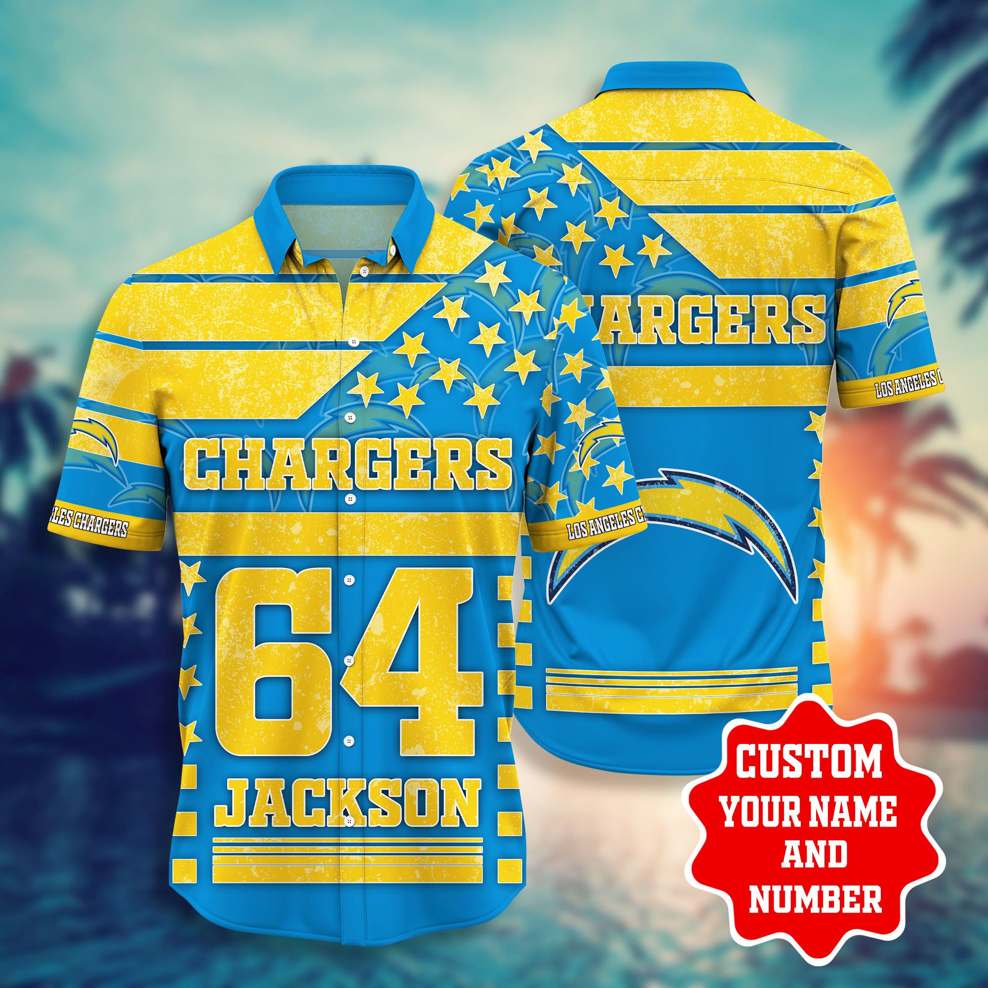 Nfl Hawaiian Shirt Los Angeles Chargers Shorts Star Custom Name Number-1