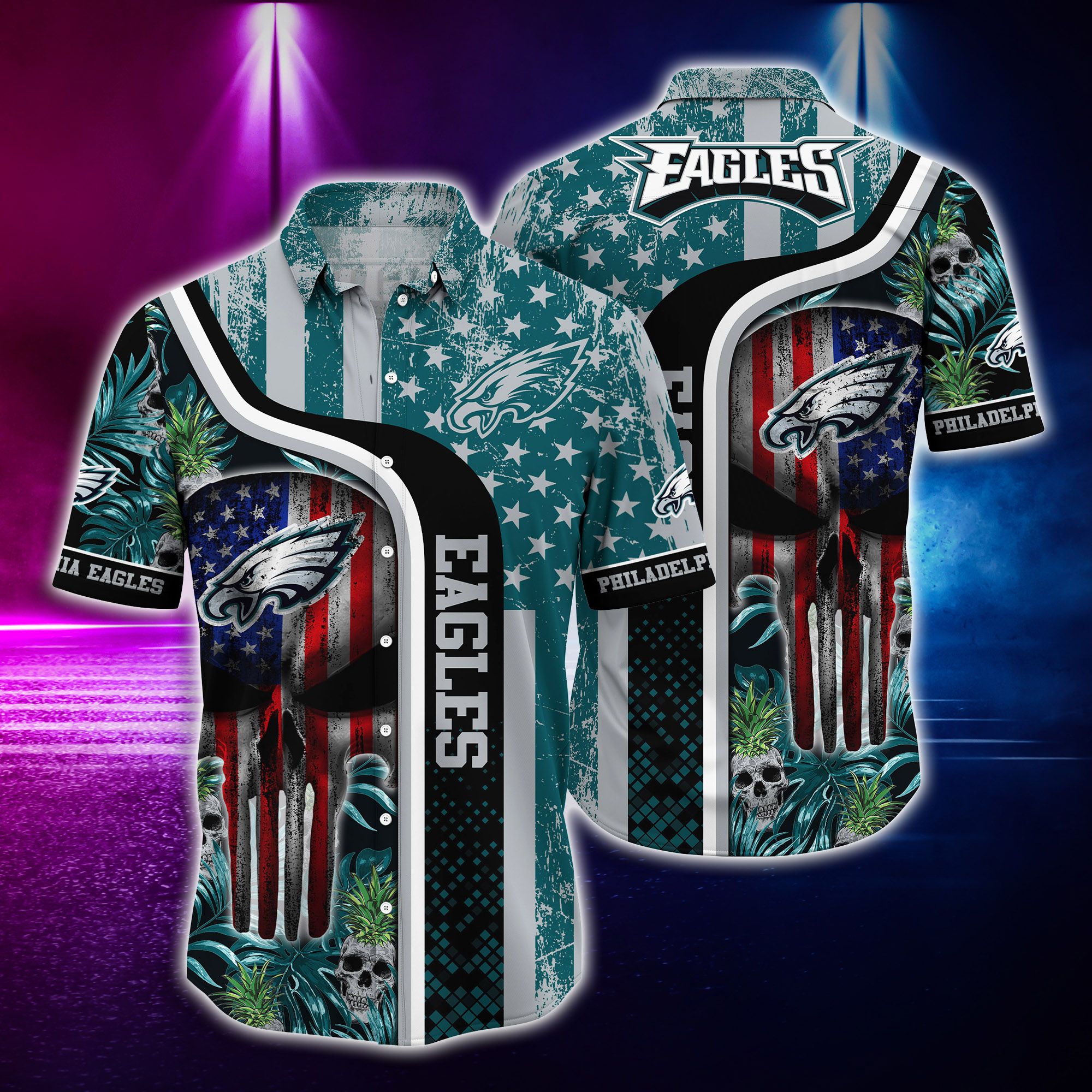 Nfl Hawaiian Shirt Philadelphia Eagles Tshirt Skull Tropical-1