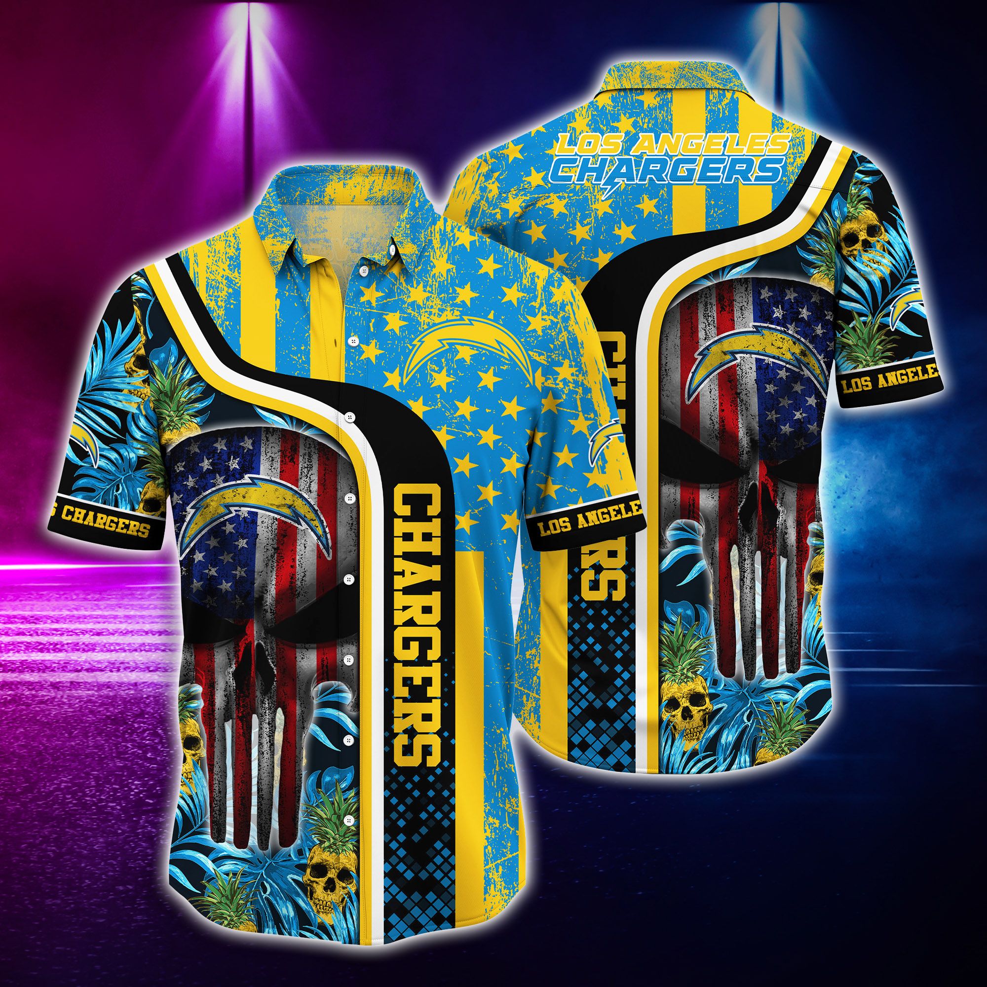 Nfl Hawaiian Shirtlos Angeles Chargers Tshirt Skull Tropical-1