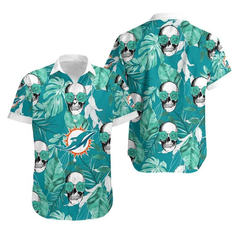 Nfl Miami Dolphins Coconut Leaves And Skulls Hawaiian Shirt For Fans-1