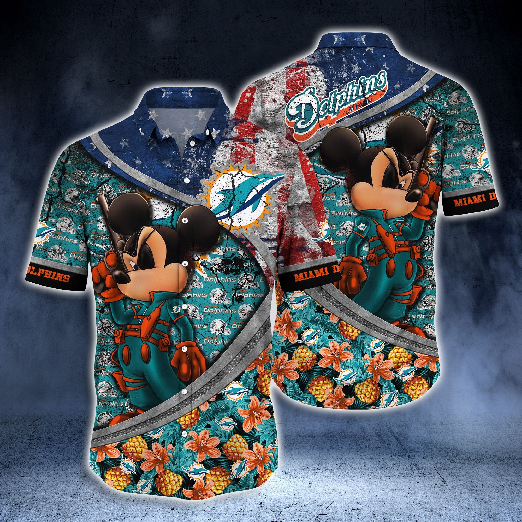 Nfl Miami Dolphins Cool Mickey Style Hawaiian 3d Shirt-1