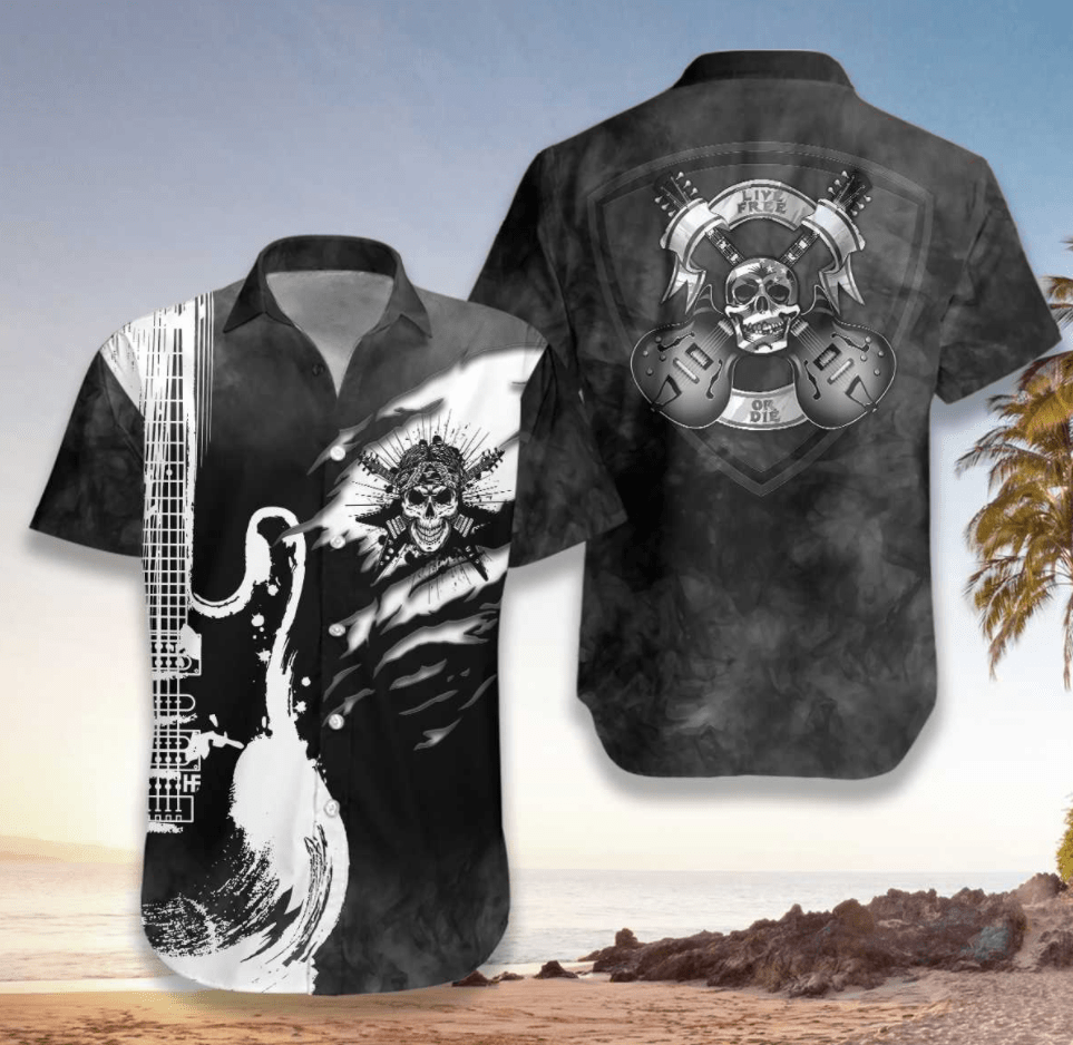 On Skull Smoke Live Free Or Die Guitar Hawaiian Aloha Shirts V-1