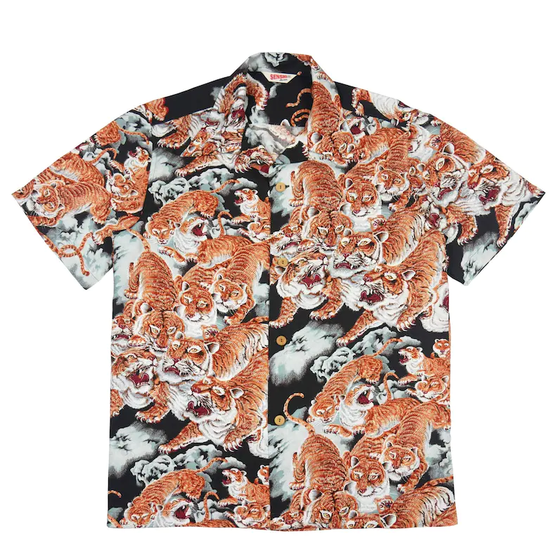 One Hundred Tigers Black Coler Hawaiian Shirt