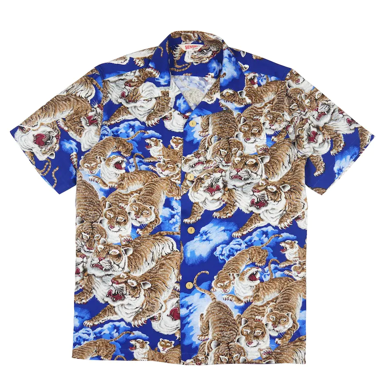 One Hundred Tigers Blue Coler Hawaiian Shirt