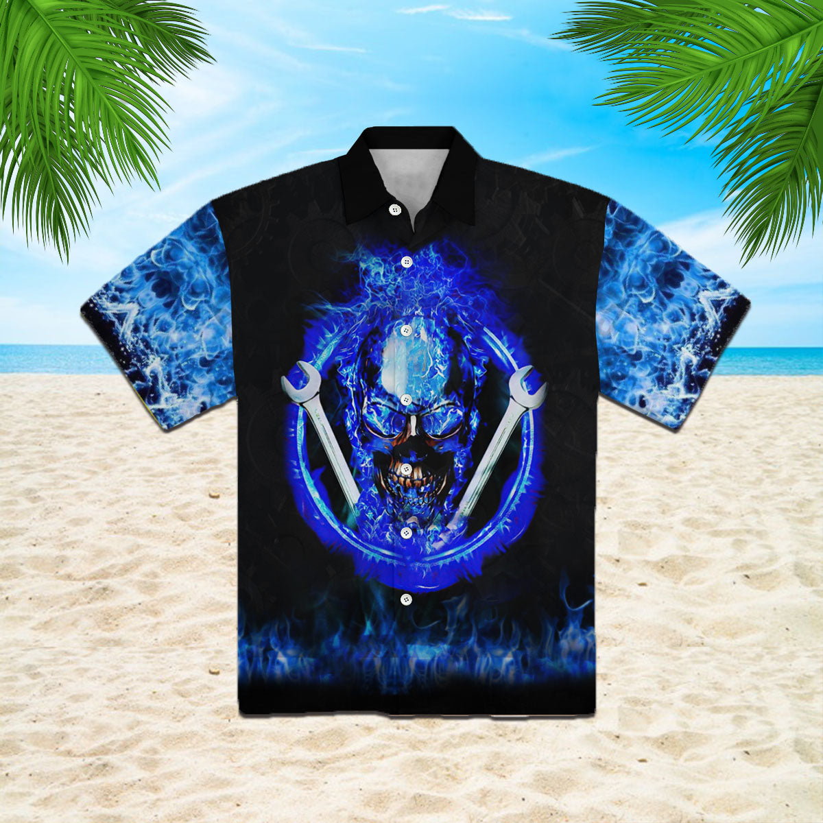 Oragontee Blue Fire Skull Mechanic Hawaiian Shirt For Men Women Adult