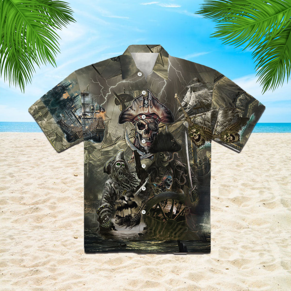 Oragontee Caribbean Skull Pirate Ghost Ship Halloween Hawaiian Shirt