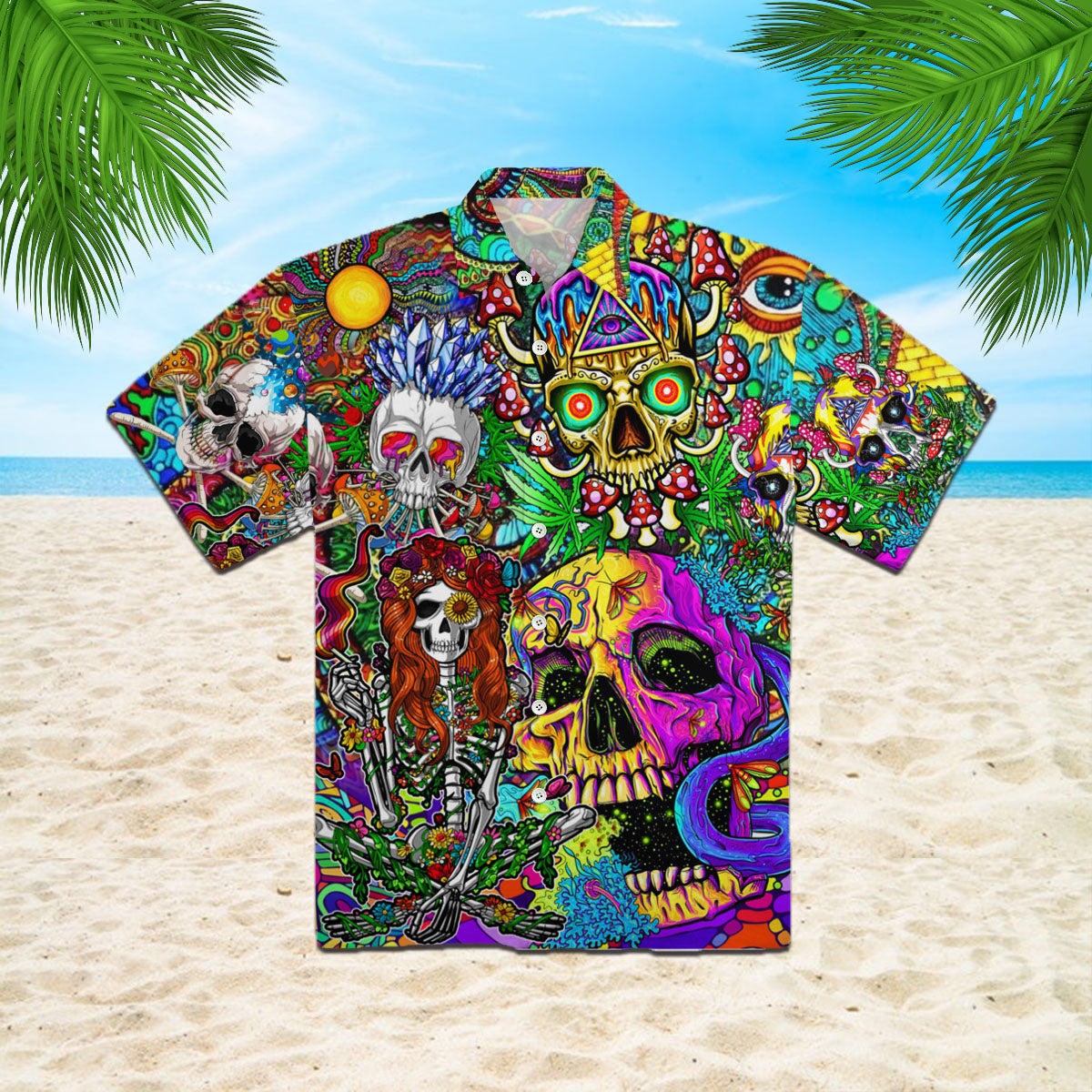 Oragontee Cool Skull With Hippies Mushrooms Hawaiian Shirt For Men Women Adult