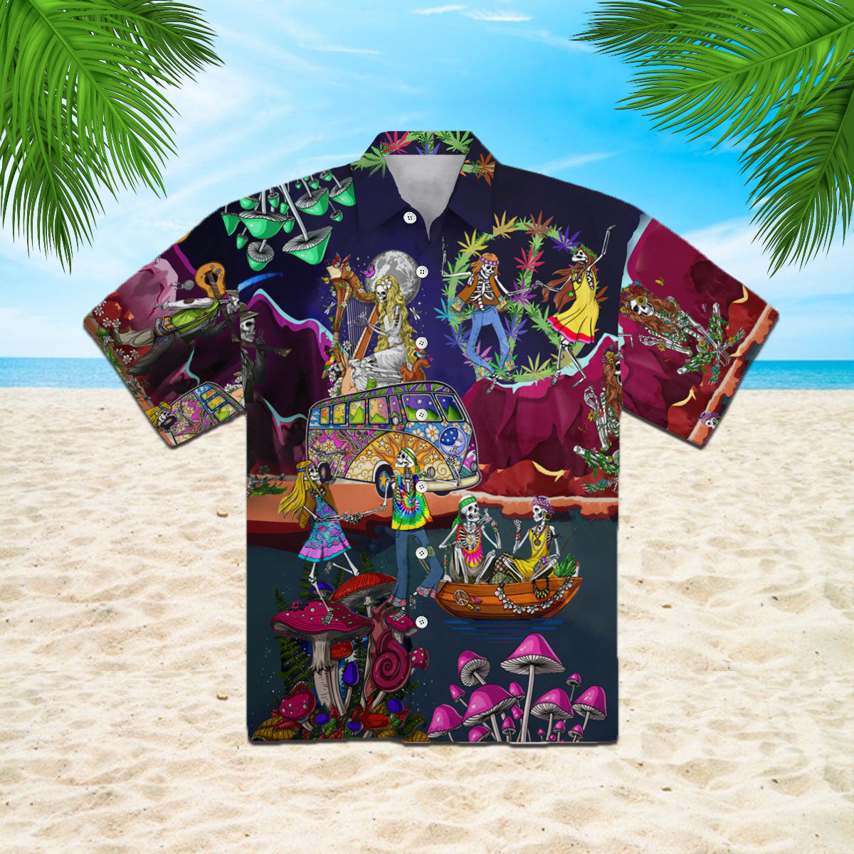 Oragontee Hippie Skull Hawaiian Shirt Unisex Full Size Adult Colorful