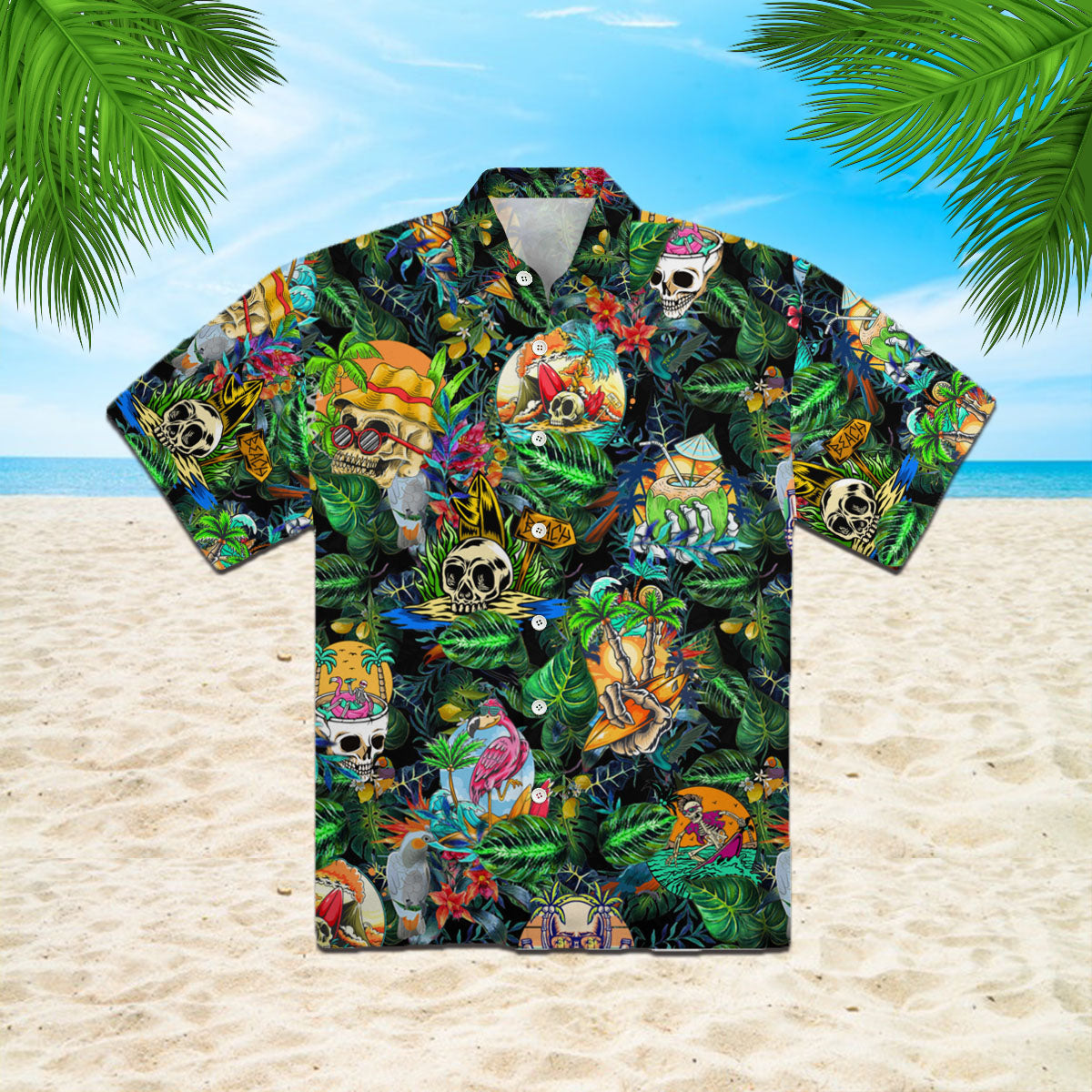 Oragontee Summer Skeleton Skull Beach Party Halloween Hawaiian Shirt