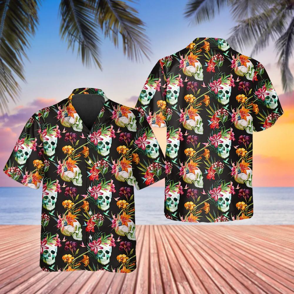 Orange Floral Skull Hawaiian Shirt