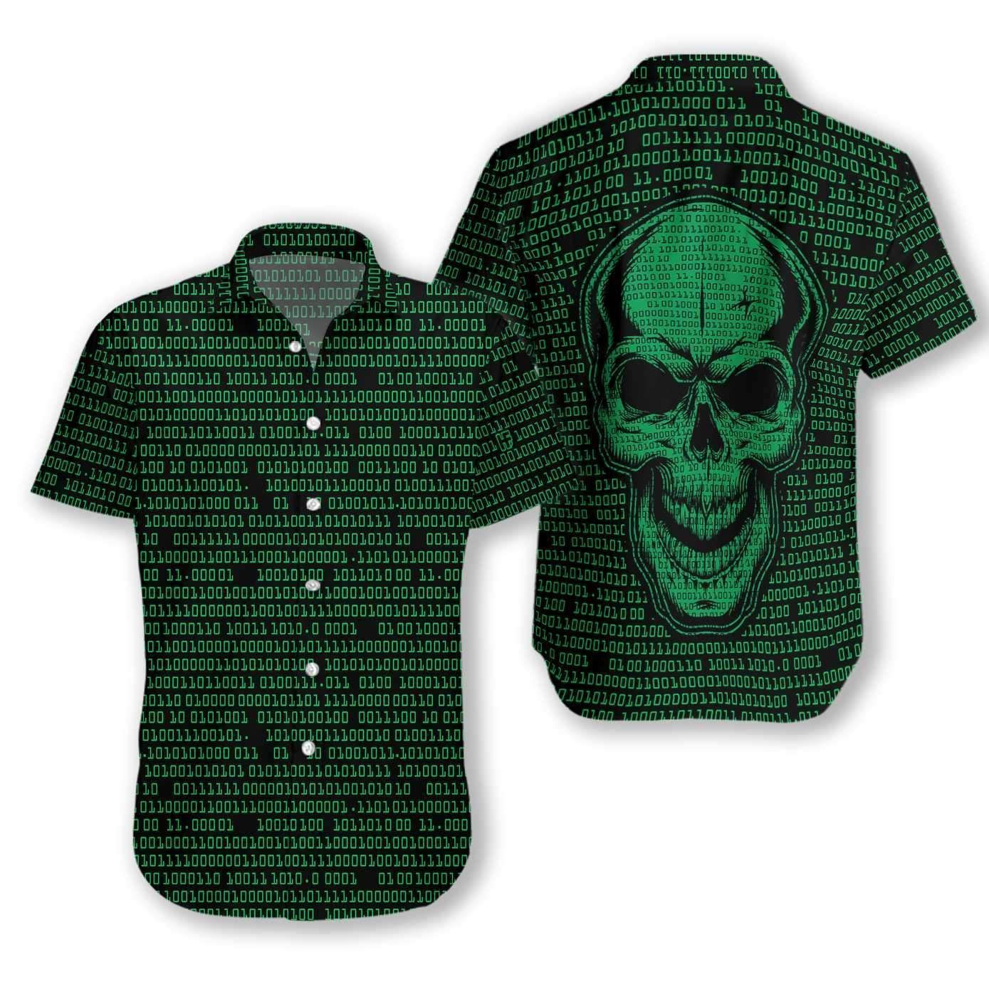 Order Binary Code Skull Dark Green Hawaiian Aloha Shirt