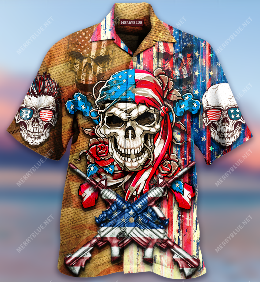 Patriotic Flower Skull Unixex Hawaiian Shirt