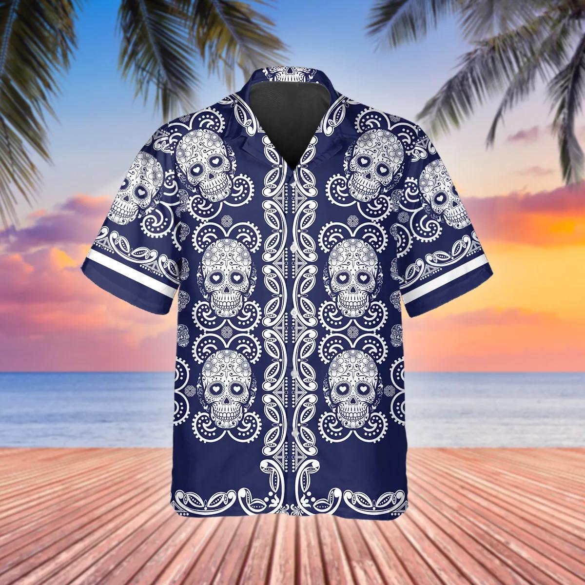 Pattern Navy Color Skull Hawaiian Shirt