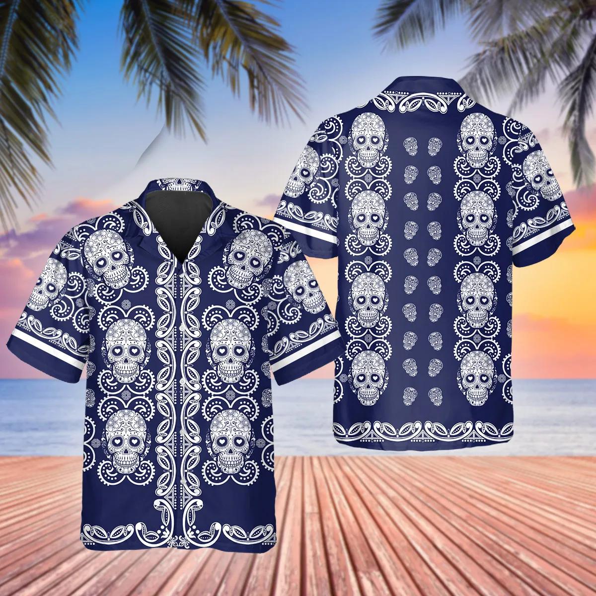 Pattern Navy Color Skull Hawaiian Shirt