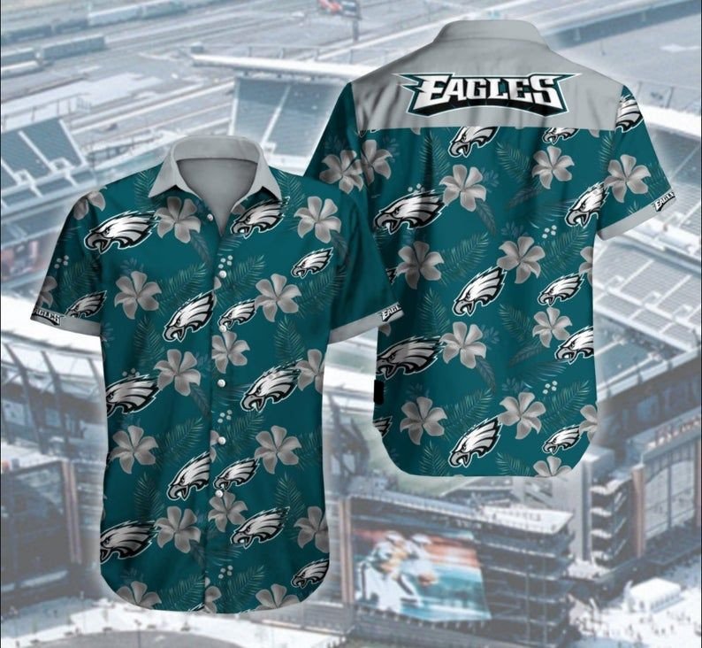 Philadelphia Eagles Hibicus Nfl Button Hawaiian Shirt For Fans-1