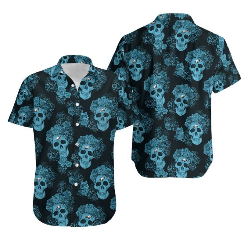 Philadelphia Eagles Mystery Skull And Flower Hawaiian Shirt For Fans-1