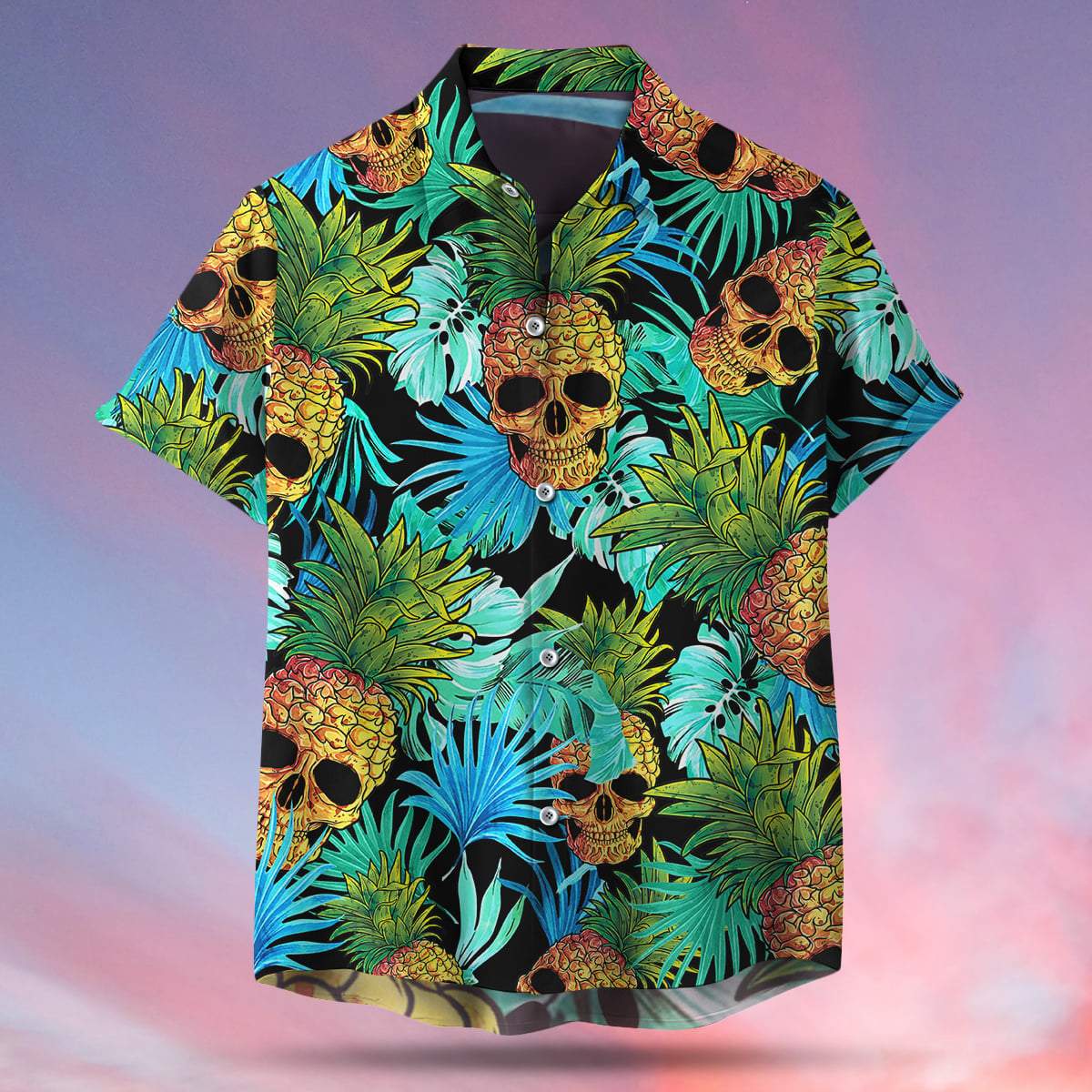 Pineapple Skull Green Black Tropical Unisex Hawaiian Shirts