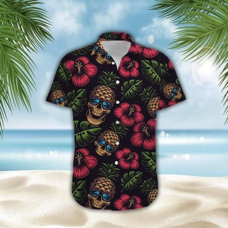 Pineapple Skull Hibiscus Aloha Hawaiian Shirt Colorful Short Sleeve Summer Beach